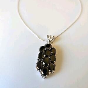 D'Joy Sterling Silver 20" Necklace 3 Row Black Onyx Cluster Pendant